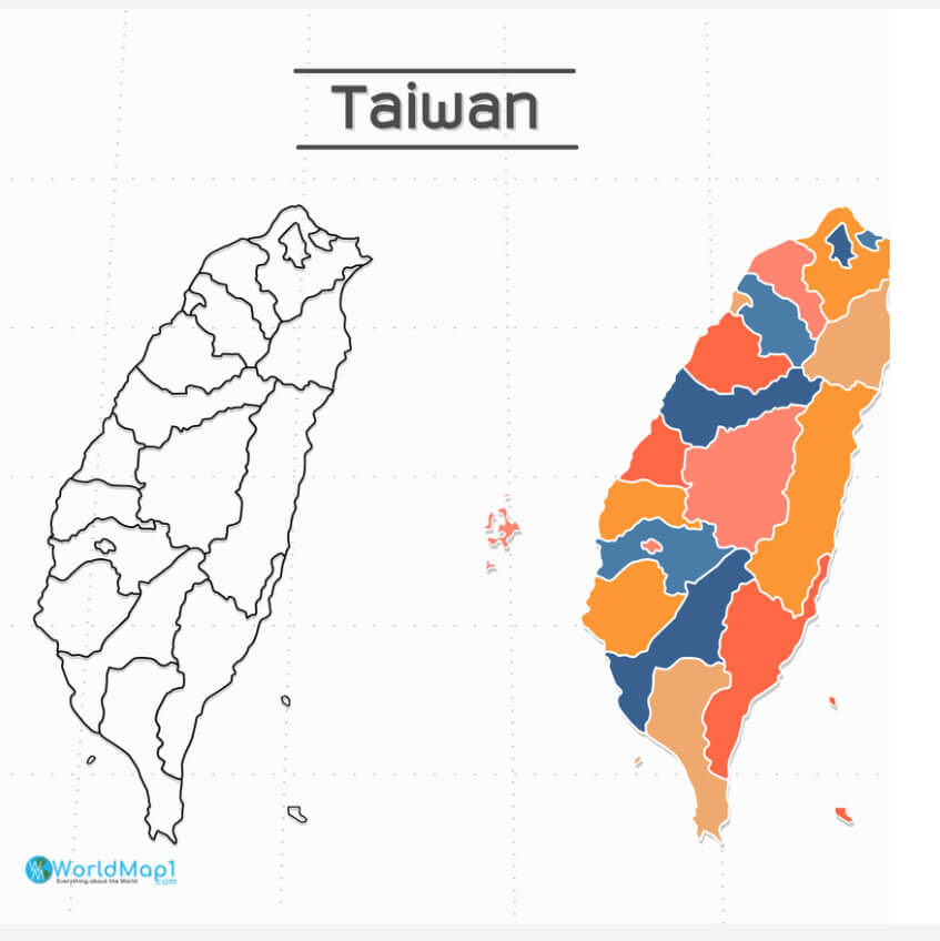 Carte detaillee et coloree de Taiwan
